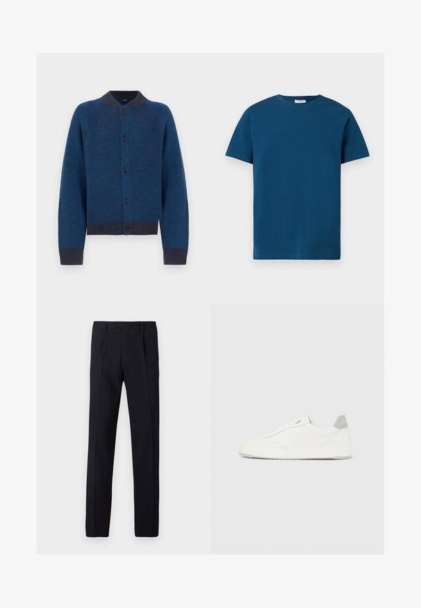 Cardigan bleu tricoté avec un motif texturé, encolure ronde et fermeture à boutons. Présente des poignets et un ourlet côtelés avec des accents bleu plus foncé.; T-shirt bleu foncé à col rond en coton doux, avec des manches courtes et une texture simple et lisse, coupe droite.; Pantalon noir avec une finition texturée, présentant une coupe droite, des passants pour ceinture et des plis repassés sur le devant. Pas de poches visibles.; Baskets basses blanches avec un onglet de talon gris, des lacets blancs et une semelle texturée, présentées sur un fond uni clair.