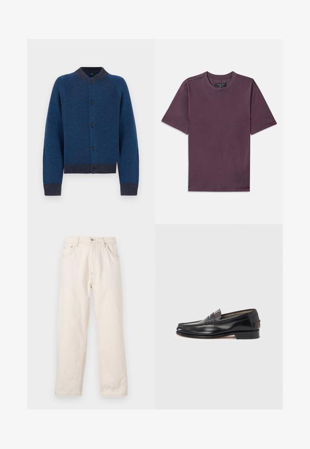 Cardigan bleu tricoté avec un motif texturé, encolure ronde et fermeture à boutons. Présente des poignets et un ourlet côtelés avec des accents bleu plus foncé.; T-shirt à manches courtes et col rond en mauve foncé avec une étiquette de marque visible cousue à l'intérieur du col.; Jean droit beige en denim, avec une fermeture à boutons, cinq poches et des détails de couture visibles. Texture lisse.; Mocassins en cuir noir avec un design de style mocassin, présentant une bande décorative et un détail de couture sur le dessus. Talon bloc bas.