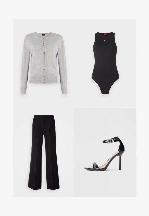 Cardigan gris de punto con mangas largas, escote redondo y cierre de botones. Presenta un dobladillo y puños acanalados. Textura suave.; Bodysuit negro con un diseño sin mangas, hecho de un material suave. Presenta un pequeño logo blanco en el pecho y una abertura de pierna alta.; Pantalones negros de tejido suave, con cintura alta, silueta de pierna ancha y dos pliegues frontales para añadir detalle de diseño.; Sandalia de tacón alto en piel sintética negra con correa en el tobillo. Presenta un diseño minimalista, punta abierta y una hebilla con detalles de pedrería.