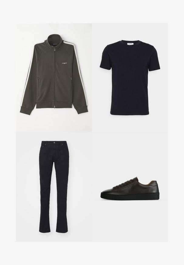 Donkergroene ritsjack met een textuur, witte stripaccenten langs de mouwen en twee zijzakken met rits.; Zwart T-shirt met korte mouwen en ronde hals, met een klein wit label aan de binnenkant van de halslijn.; Zwarte katoenbroeken met een recht model, voorzien van een knoopsluiting, twee voorzakken en een gladde textuur. Geen patronen of accenten.; Low-profile donkerbruine leren sneaker met zwarte rubberen zool, veters aan de voorkant en een strak minimalistisch design op een lichte achtergrond.