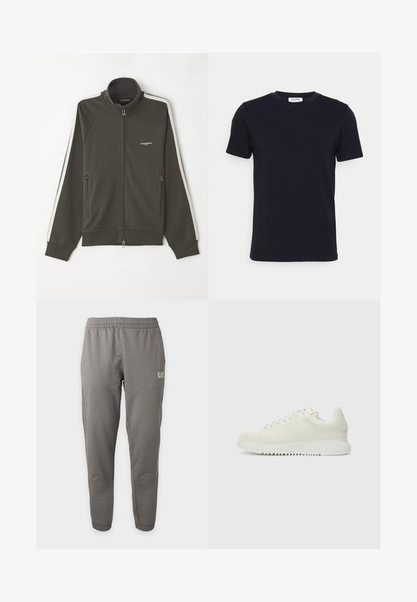 Dunkelolivgrüne Zip-Jacke mit strukturierter Oberfläche, weißen Streifenakzenten an den Ärmeln und zwei seitlichen Reißverschlusstaschen.; Schwarzes T-Shirt mit kurzen Ärmeln und Rundhalsausschnitt, mit einem kleinen weißen Etikett auf der Innenseite des Kragens.; Graue, schmal geschnittene Jogginghose mit elastischem Bund und EA7 Emporio Armani-Logo am oberen linken Bein.; Weiße Leder-Sneaker mit texturiertem Obermaterial, runder Zehenpartie, flacher weißer Sohle und tonalen Schnürsenkeln. Dezentes Branding auf der Zunge.
