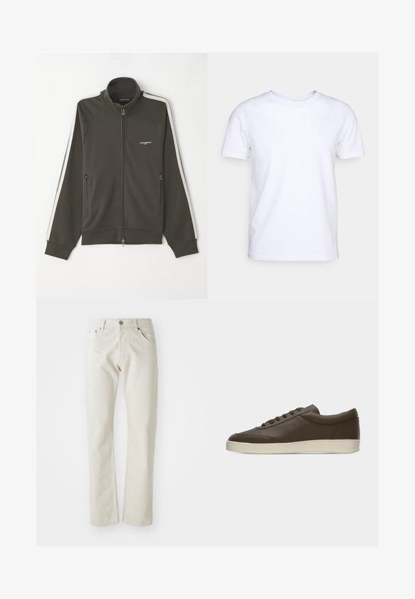 Dunkelolivgrüne Zip-Jacke mit strukturierter Oberfläche, weißen Streifenakzenten an den Ärmeln und zwei seitlichen Reißverschlusstaschen.; Weißes T-Shirt mit kurzen Ärmeln aus Baumwollstoff und rundem Halsausschnitt. Schlichtes Design ohne Muster oder Akzente. Glatte Textur.; Helle beige Jeans aus Baumwolle mit geradem Bein, fünf Taschen und silbernem Metallknopfverschluss.; Dunkelbrauner Sneaker aus Leder mit niedrigem Schaft, Schnürung an der Vorderseite und kremfarbenem Gummisohlenrand, von der Außenseite auf weißem Hintergrund gezeigt.