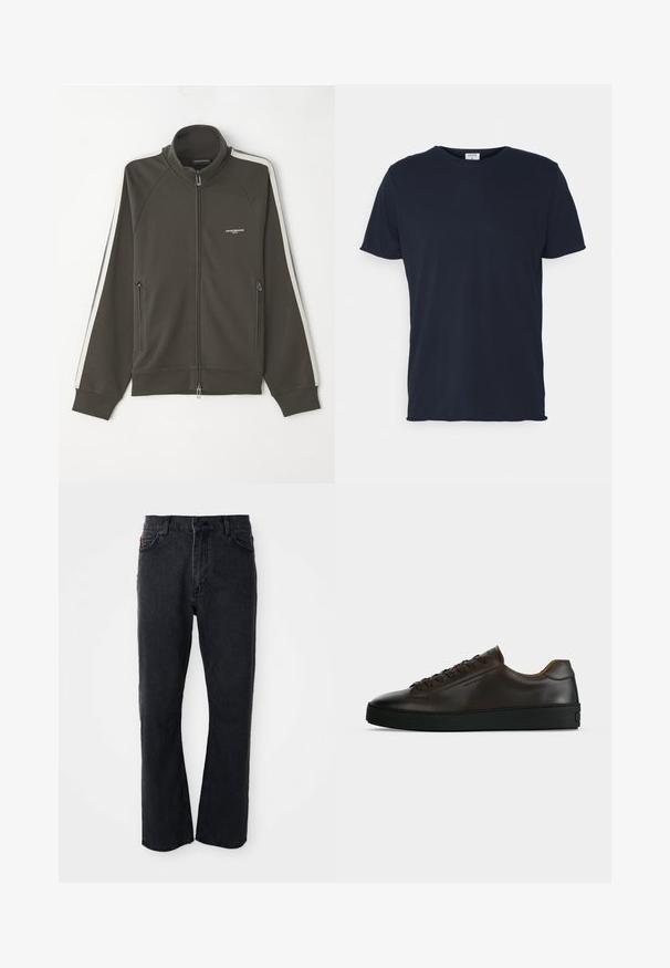 Dunkelolivgrüne Zip-Jacke mit strukturierter Oberfläche, weißen Streifenakzenten an den Ärmeln und zwei seitlichen Reißverschlusstaschen.; Marineblaue Baumwoll-T-Shirt mit Rundhalsausschnitt und kurzen Ärmeln, mit einer glatten Oberfläche und einfachem Design, ohne sichtbare Muster oder Akzente.; Schwarze Denim-Jeans mit geradem Bein, hoher Taille, Knopfverschluss und dezenten Nähdetails an den Taschen und Nähten.; Flach geschnittener dunkelbrauner Ledersneaker mit schwarzer Gummisohle, Schnürung vorne und schlicht-minimalistischem Design auf hellem Hintergrund.