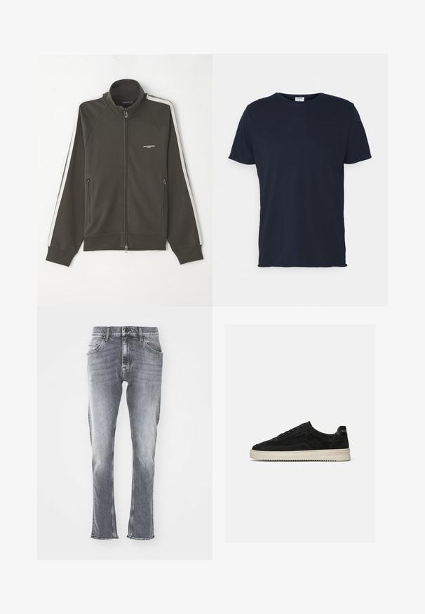 Donkergroene ritsjack met een textuur, witte stripaccenten langs de mouwen en twee zijzakken met rits.; Navyblauwe katoenen t-shirt met ronde hals en korte mouwen, met een gladde textuur en eenvoudig ontwerp, zonder zichtbare patronen of accenten.; Grijze denim jeans met een slim fit, rafelige zoom en vijf zakken. Voorzien van een klassieke knoop- en ritssluiting. Zachte textuur met een vervaagde wassing.; Zwarte suède lage sneaker met zwarte veters en witte rubberen zool, zijaanzicht op een effen lichtgrijze achtergrond.