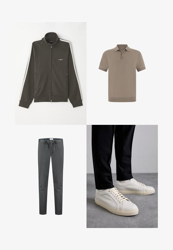 Mørkeolivengrøn zip-up jakke med en struktureret overflade, hvide stribede detaljer langs ærmerne og to sidelommer med lynlås.; Polo-shirt i taupe med en struktureret finish, korte ærmer og en krave. Har treknaps-lukning og ribbede manchetter.; Grå, strækbare bukser med en glat tekstur, snøre i taljen og en knaplukning. Har et slim-fit design og minimale synlige sømme.; Lys beige lædersneakers med flade snørebånd, en tekstureret overflade og en kontrasterende cremelilla gummisål, båret med sorte tapered bukser.