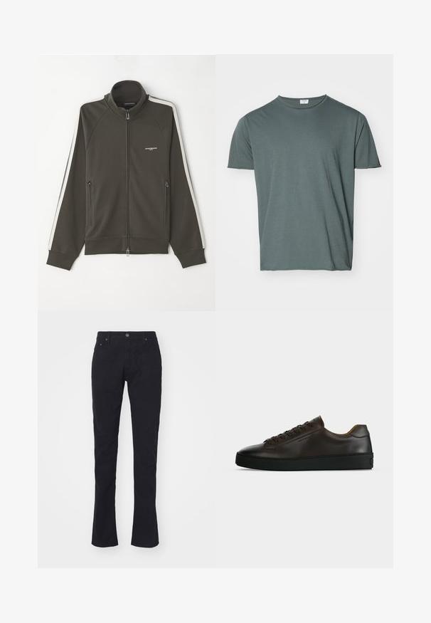 Mørkeolivengrøn zip-up jakke med en struktureret overflade, hvide stribede detaljer langs ærmerne og to sidelommer med lynlås.; Mørkegrøn crew-neck t-shirt, kortærmet, blødt stof, afslappet pasform, glat tekstur, ingen synlige mønstre eller accenter.; Sorte bomuldsbukser med lige pasform, der har knaplukning, to forlommer og en glat overflade. Ingen mønstre eller detaljer.; Lavprofil mørkebrune lædersneaker med sort gummisål, snørelukning foran og glat minimalistisk design på lys baggrund.