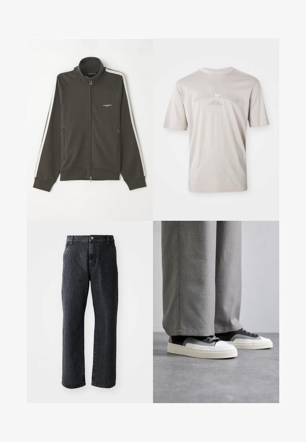 Donkergroene ritsjack met een textuur, witte stripaccenten langs de mouwen en twee zijzakken met rits.; Lichtbeige t-shirt met korte mouwen van zachte stof, voorzien van een geborduurd "Emporio Armani Milano" logo in een iets donkere tint.; Zwarte denim jeans met een rechte pijp, voorzien van een knoopsluiting, vijf zakken en een subtiele textuur. Klassiek ontwerp zonder opvallende patronen.; Filling Pieces RIVIERA - Sneakers laag - grey