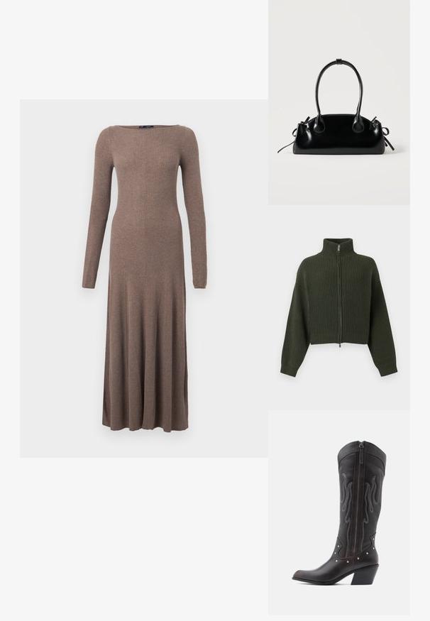 Strikket cropped cardigan i mørkegrøn med høj krave og lynlås foran. Har brede ærmer og ribbet tekstur over hele stoffet.; Lang brun ribstrikket kjole med lange ærmer og bådudskæring, med en tætsiddende overdel, der flår ud mod kanten.; Brune læder cowboystøvler med flammebroderi, sidelukning med lynlås, sølvnitter, spids snude og lagdelt hæl.; Lille sort blank håndtaske med to lange håndtag og snøre-detaljer i siden på en ensfarvet lys baggrund.