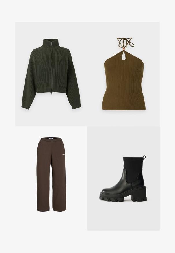 Strikket cropped cardigan i mørkegrøn med høj krave og lynlås foran. Har brede ærmer og ribbet tekstur over hele stoffet.; Strikket olivengrøn haltertop med ribbet struktur, nøglehuludskæring under halsudskæringen og nakkebånd med små perle detaljer.; Brune vidde-buksede joggingbukser med elastisk talje og lille hvid tekstlogo på den øverste lår mod en hvid baggrund.; Sort ankelstøvle lavet af læder og elastisk stof, med en kraftig hæl, tykk gummisål og en løkke bagpå.