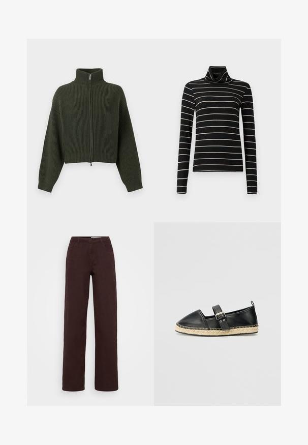 Neulottu cropped neuletakki tummanvihreänä, jossa on korkea kaulus ja vetoketjusuljenta. Ominaisuuksiin kuuluu leveät hihat ja ribbitekstuuri koko kankaan alueella.; Musta poolpikaedega turtleneck, millel on horisontaalsed valged triibud. Pehme kangas sileda tekstuuriga. Igapäevane disain, mitmekülgne stiil.; Ruskeat korkeavyötäröiset housut suoranlahkeisella muotoilulla, joissa on kaksi etutaskua ja sileä pinta. Metallinen nappi ja vetoketjukiinnitys.; Mustat nahkaespadrillokengät, joissa on pyöreä kärki, nilkkahihna ja punottu jutesoi. Reunassa on ommeltu yksityiskohta.