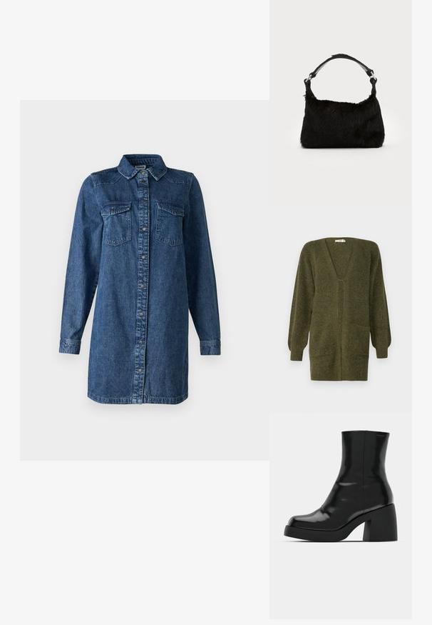 JDY JDYINGEBORG - Strickjacke - dark green; Denimhemdkleid in Dunkelblau. Mit langen Ärmeln, einer durchgehenden Knopfleiste, zwei Brusttaschen und einem klassischen Kragen. Lässige Passform.; Schwarze Stiefeletten mit glänzender Oberfläche, quadratischer Zehenpartie und dicker Blockabsatz. Das Design zeichnet sich durch eine nahtlose Silhouette und minimalistische Markenkennzeichnung aus.; Schwarze Kunstfell-Handtasche mit weicher Textur, runder Form und einem stabilen schwarzen Leder-Schulterriemen. Sichtbare silberne Hardware-Akzente.