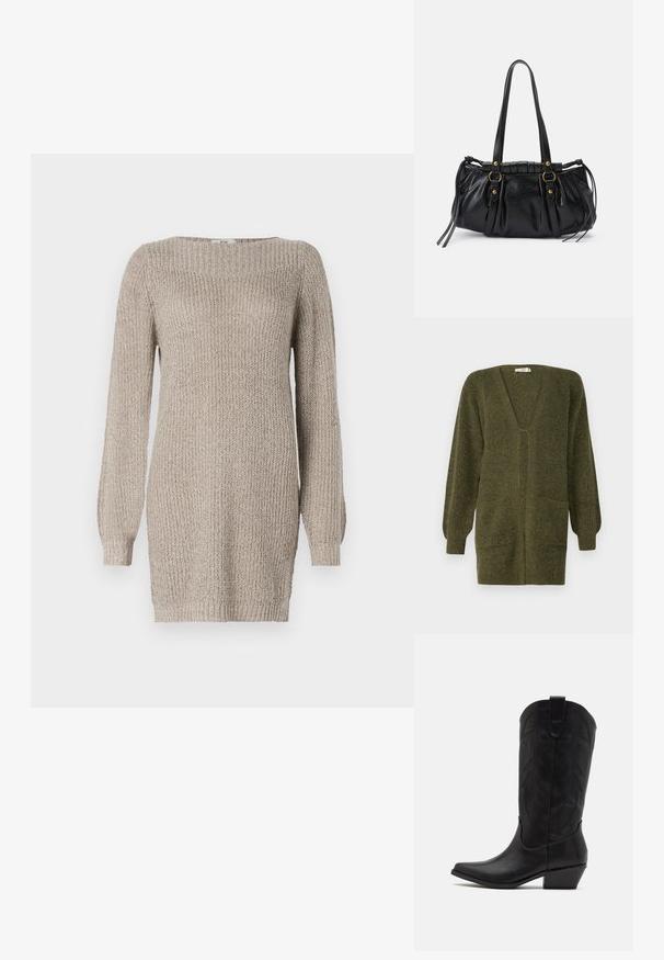 JDY JDYINGEBORG - Vest - dark green; Beige gebreide sweaterjurk met lange mouwen, geribbelde textuur en een wijde halslijn. Heeft een rechte silhouet en zijsplitten aan de onderkant.; Zwarte leren cowboylaars met spitse neus, lage gestapelde hak en een ingewikkeld geïmbossieerd bladerenpatroon op de schacht. Lus aan de bovenkant voor eenvoudig aantrekken.; Zwarte leren handtas met een afgeronde vorm, dubbele handvatten, decoratieve hardware accenten en details met zijstrikken. Smooth, glanzende textuur.