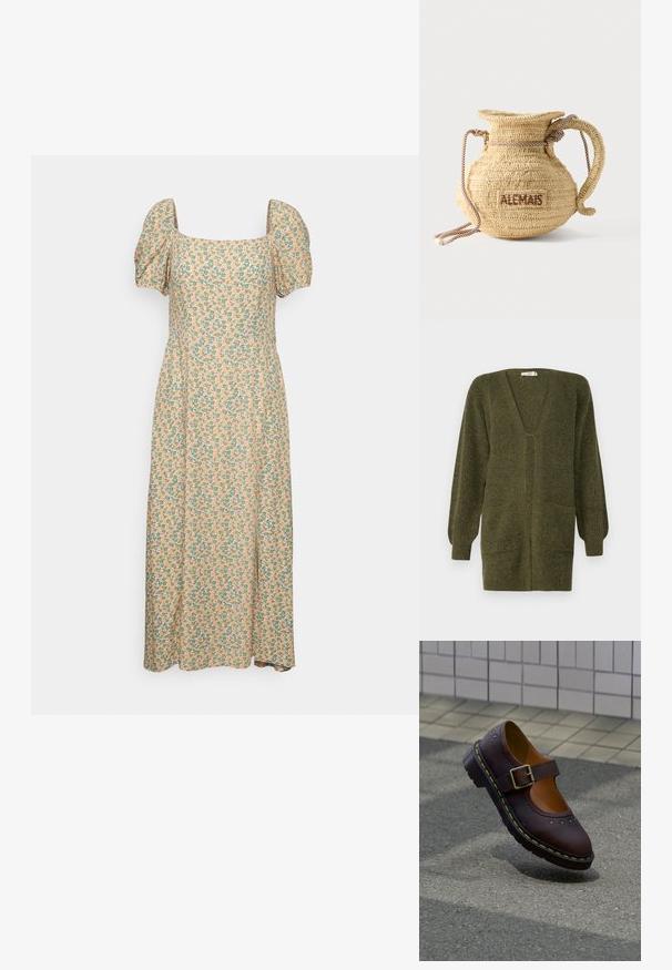 JDY JDYINGEBORG - Vest - dark green; Even&Odd Jurk - green/pink; Donkerbruine leren Mary Jane-schoen met een gesp, bloemvormige uitsparingen en een dikke zwarte zool met gele stiksels, die op het trottoir naast een betegelde muur ligt.; Ronde gevlochten strohandtas met een handvat van touw en "ALEMAIS" geborduurd aan de zijkant in bruine draad.