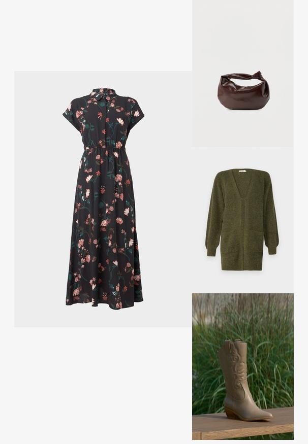 JDY JDYINGEBORG - Vest - dark green; Zwarte bloemenjurk met korte capmouwen, knoopsluiting aan de voorkant, tailleverstelling en verschillende roze en groene bloemmotieven verspreid over de jurk.; Tan leren cowboylaars met geborduurd ontwerp en houten hak, geplaatst op een houten oppervlak tegen een achtergrond van een groene plant.; Donkerbruine leren schoudertas met een zachte, slungelige vorm en een gedraaide knoopvormige handgreep op een effen witte achtergrond.