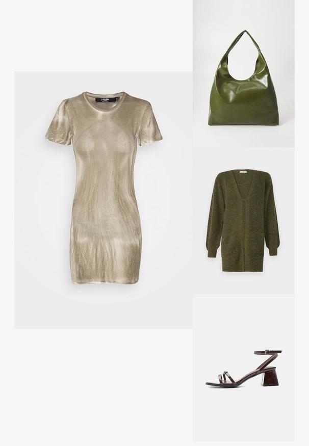 JDY JDYINGEBORG - Cardigan - dark green; Kortærmet, tætsiddende kjole i lys khaki fløjl med en glat overflade og subtil glans, med rund halsudskæring og mini længde.; Mørkebrune laklædersandal med blokhæl, ankelrem med spænde og to tynde remme over tæerne på hvid baggrund.; Grøn læder hobo taske med en slouchy design, buet håndtag og glat tekstur. Indeholder ingen synlig hardware eller accenter.