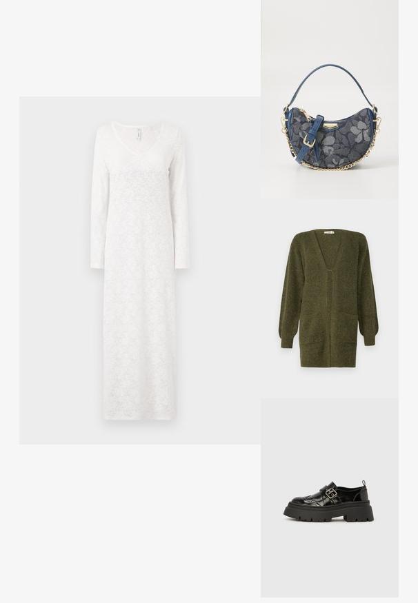 JDY JDYINGEBORG - Vest - dark green; Langharig witte jurk met een kantpatroon, V-halslijn, vloeiende vorm en textuurstof, tot aan de enkel reikend.; Zwarte loafers van lakleer met een dikke grofprofielzool, brogue-details en een zilveren gespband over de wreef.; ALDO SANDROSE - Handtas - medium blue