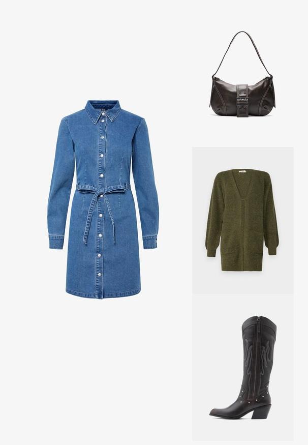 JDY JDYINGEBORG - Strickjacke - dark green; Denimkleid mit Kragen, langen Ärmeln, vorderem Knopfverschluss und gebundenem Taillengurt. Hat eine hellblaue Farbe und eine weiche Textur.; Braune Cowboy-Stiefel aus Leder mit Flammenstickerei, seitlichem Reißverschluss, silbernen Nieten, spitzer Zehenpartie und geschichtetem Absatz.; Braune Lederumhängetasche mit gebogener Form, die mit einem auffälligen Schnallendetail, kontrastierenden Nähten und einem einzigen Schulterriemen ausgestattet ist.