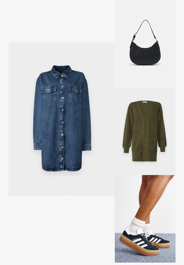 JDY JDYINGEBORG - Chaqueta de punto - dark green; Camisa de denim en azul oscuro, con cuello, cierre frontal de botones, dos bolsillos en el pecho y mangas largas con puños abotonados.; Piernas con calcetines blancos y zapatillas Adidas Gazelle negras con rayas blancas y suelas marrones gruesas sobre un suelo alfombrado gris.; Bolso hobo negro hecho de cuero suave con una silueta curva, que cuenta con una sola correa ajustable y detalles de diseño minimalistas.