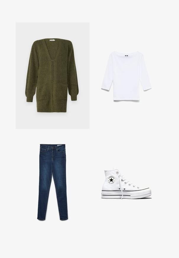 JDY JDYINGEBORG - Chaqueta de punto - dark green; Camisa blanca de manga tres cuartos hecha de una mezcla de algodón; presenta un amplio escote barco y una textura suave y ligera.; Jeans ajustados en denim azul oscuro. Cuenta con un diseño de cinco bolsillos, cremallera y trabillas para el cinturón. Textura suave con una ligera variación de color.; Zapatilla blanca de caña alta Converse Chuck Taylor All Star con parche de logo negro y cordones blancos, presentada sobre fondo blanco.
