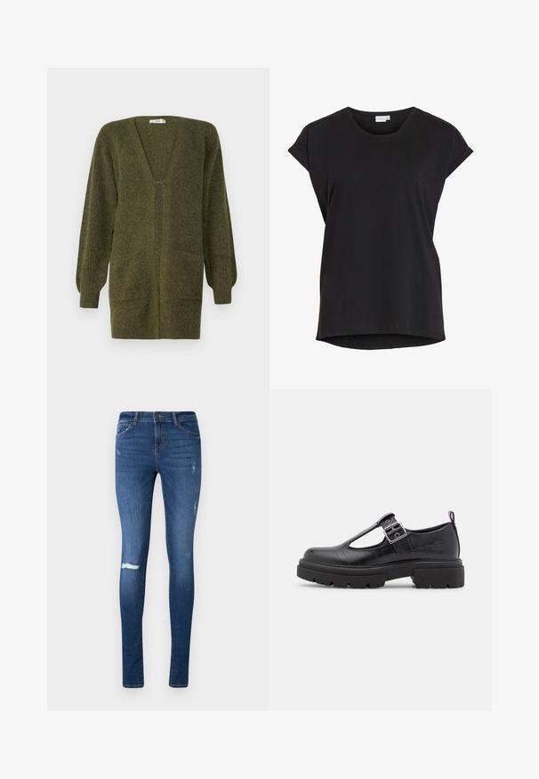 JDY JDYINGEBORG - Gilet - dark green; T-shirt noir décontracté à manches courtes avec bracelets roulés et encolure ronde de la marque VILA.; Jean skinny fit bleu foncé avec un délavage dégradé, genou déchiré et design à cinq poches. Fabriqué en denim avec une légère élasticité.; Chaussure en simili cuir noir avec texture crocodile, bout arrondi, bride à la cheville avec boucle métallique et semelle en caoutchouc épaisse.