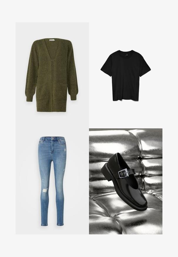 JDY JDYINGEBORG - Strickjacke - dark green; Schwarzes T-Shirt mit kurzen Ärmeln und Rundhalsausschnitt, schlichtes Design, flach auf weißem Hintergrund dargestellt.; Schmale blaue Denim-Jeans mit einem verblassten Waschlook, mit distressed Details, einer mittelhohen Taille und Fronttaschen. Klassisches Fünf-Taschen-Design.; Schwarze Leder-Mary-Jane-Schuhe mit quadratischer Zehenform, einem silbernen Schnallenakzent und einem robusten, niedrigen Absatz, vor einem glänzenden silbernen Hintergrund.
