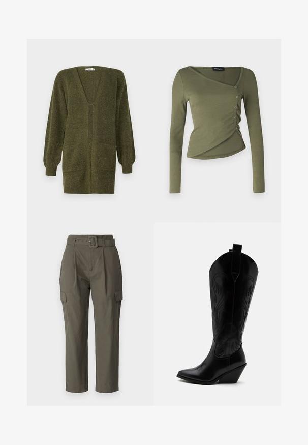 JDY JDYINGEBORG - Strickjacke - dark green; Langärmliges, olivgrünes Oberteil aus geripptem Stoff. Verfügt über ein drapiertes Design mit einem V-Ausschnitt und Knöpfen an den Seiten entlang des überlappenden Saums.; Cargo-Hosen in Olivgrün, aus leichtem Stoff. Merkmale sind ein taillierter Bund, Vorderfalten und Seitentaschen mit Klappenverschluss.; Schwarzer Leder-Cowboystiefel mit spitzer Zehe, schrägem Blockabsatz, dekorativer Naht und Zuglaschen oben vor weißem Hintergrund.