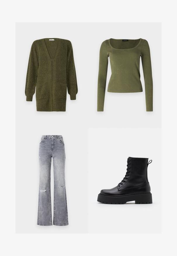 JDY JDYINGEBORG - Chaqueta de punto - dark green; Top de manga larga verde oliva hecho de tejido acanalado, con un escote cuadrado y un diseño ajustado. Textura distintiva con patrones sutiles.; Jeans de mezclilla gris de cintura alta con pierna acampanada, que presentan detalles desgastados en las rodillas, un diseño clásico de cinco bolsillos y costuras en tono.; Botas de cuero negras hasta el tobillo con punta redonda, cordones en la parte delantera y una suela de goma gruesa con un dibujo texturizado. Tirador en la parte trasera.