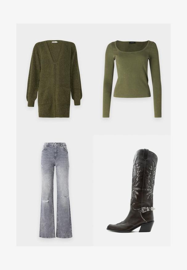 JDY JDYINGEBORG - Cardigan - dark green; Olivengrøn langærmet top lavet af ribbet stof, med firkantet udskæring og tætsiddende design. Karakteristisk tekstur med diskrete mønstre.; Højtaljede grå denim jeans med flagrende ben, der har slidte knædetaljer, et klassisk fem-lomme design og tonet syninger.; Sort læder cowboystøvle med dekorative udskæringer, sølvspænde og skrå hæl, vist på hvid baggrund.