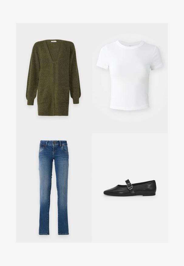 JDY JDYINGEBORG - Strickjacke - dark green; Weißes, kurzärmeliges, cropped T-Shirt mit Rundhalsausschnitt, auf einem neutralen, hellen Hintergrund präsentiert.; Blaue Jeans aus Denim mit geradem Bein, zwei Fronttaschen und knöpfbarem Bund. Leichte Ausbleichungen an den Oberschenkeln und eine genähte Saum.; Schwarzer Lederflatschuh mit runder Zehenform, einem verstellbaren Schnallenriemen und einer glatten, glänzenden Oberfläche. Minimalistisches Design mit einem niedrigen Absatz.