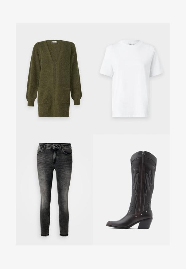 JDY JDYINGEBORG - Cardigan - dark green; Hvid bomulds T-shirt med rund hals, kortærmet og en glat tekstur. Designet med en afslappet pasform for komfort og alsidighed.; Slim-fit jeans i en falmet sort vask, med fem lommer, lynlås og rå kant. Lavet af denim med en glat tekstur.; Brune læder cowboystøvler med flammebroderi, sidelukning med lynlås, sølvnitter, spids snude og lagdelt hæl.