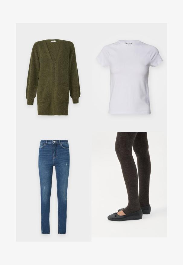 JDY JDYINGEBORG - Kardigán - dark green; Noisy May NMKATINKA - Základné tričko - bright white; Úzke modré džínsy vyrobené z denimu, s stredne vysokým pásom, jemným vyblednutím a poškodenými detailmi, s klasickým dizajnom piatich vreciek.; Nohy v tmavých pásikavých legínach v kombinácii s čiernymi balerínkami s malými mašličkami na bielom pozadí.