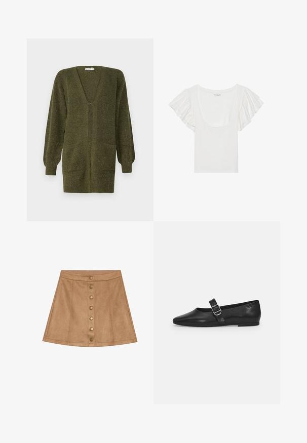 JDY JDYINGEBORG - Kardigán - dark green; Biely top s krátkymi, volánovými rukávmi a širokým výstrihom. Vyrobený z mäkkého, elastického materiálu, má priliehavý strih.; Svetložltá semišová mini sukňa s rozšíreným dizajnom, so zapínaním na prednej strane s mosadznými prackami a prešitými detailami.; Čierna kožená plochá obuv s okrúhlym nosom, jedným nastaviteľným pásikom so sponou a hladkým, lesklým povrchom. Minimalistický dizajn s nízkym podpätkom.