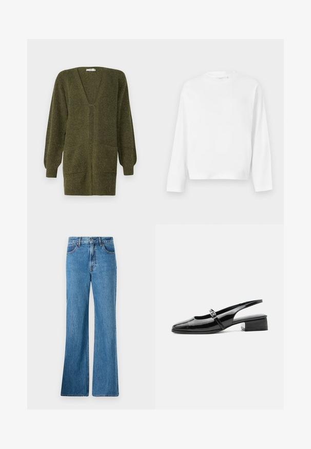 JDY JDYINGEBORG - Vest - dark green; Gina Tricot Longsleeve - white; Lichtblauwe denim flared jeans met een hoge taille, voorzakken en klassieke stiksels. De stof heeft een gestructureerde afwerking.; Zwarte lakleren slingback schoen met een lage blokhak en een dunne band met zilveren gesp bovenop.