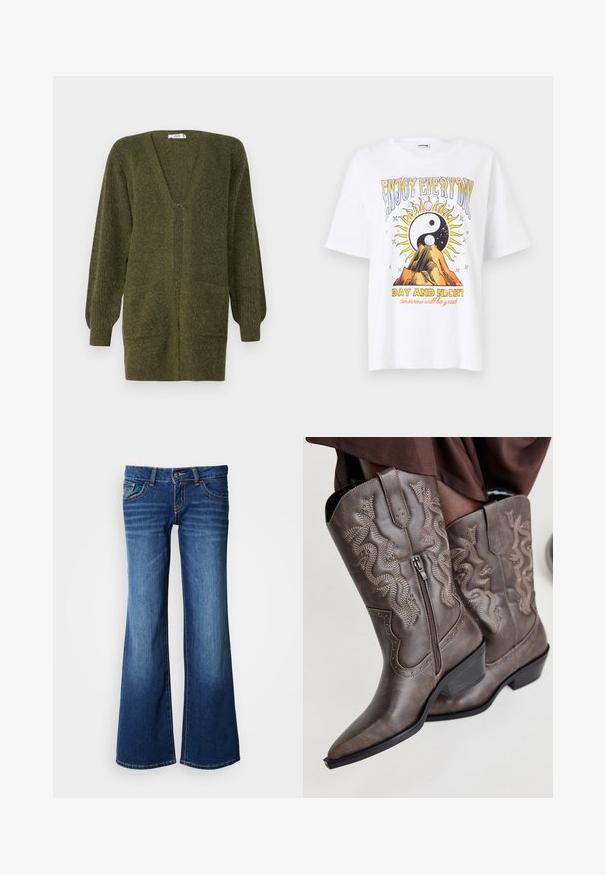 JDY JDYINGEBORG - Cardigan - dark green; Hvid bomulds T-shirt med tryk af en sol og bjerg samt teksten "NYD HVER DAG" og "DAG OG NAT" i farverige, fed skrift.; Bukser af blå jeans i mørkeblå med udvidede ben. Har klassisk design med fem lommer, knaplukning og kontrastsyning. Glat tekstur.; Brune læder cowboystøvler med spids tå, sidelukning og struktureret slange-design i beige, med dekorative nitter langs kanterne.