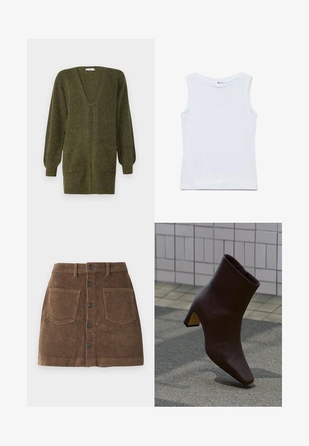 JDY JDYINGEBORG - Cardigan - dark green; Ærmeløs hvid bomuldstop med bred rund halsudskæring og lige kant, vist fladt på en hvid baggrund.; Brun kordfløjlsskjørt med en tætsiddende talje, forsynet med en knaplukning foran, to forlommer og et struktureret ribbet stof.; Mørkebrun læderankelstøvle med blokhæl stående på tekstureret belægning, lysfarvet flisevæg i baggrunden.