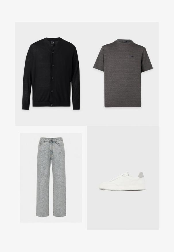 Gilet noir à manches longues avec col en V, cinq boutons à l'avant et poignets et ourlet côtelés, présenté sur un fond clair uni.; T-shirt en maille texturée gris foncé à manches courtes, col rond et petit logo noir sur la poitrine gauche sur fond blanc.; Jean bleu clair à jambe droite avec un subtil motif texturé sur toute la surface, fermeture avant par bouton et zip, et passants pour ceinture.; Baskets basses blanches avec un onglet de talon gris, des lacets blancs et une semelle texturée, présentées sur un fond uni clair.