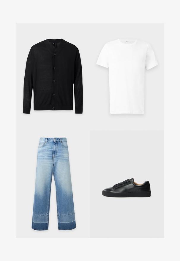 Gilet noir à manches longues avec col en V, cinq boutons à l'avant et poignets et ourlet côtelés, présenté sur un fond clair uni.; T-shirt en coton blanc uni à manches courtes avec col rond, présenté à plat sur un fond gris clair.; Jean en denim bleu clair à coupe large avec des détails délavés et des blocs de couleur plus foncés près de l'ourlet, bouton devant et poches visibles.; Baskets en cuir noir avec une texture lisse, bout rond et fermeture à lacets. Comprend une semelle en caoutchouc épaisse et un minimum de détails de marque.