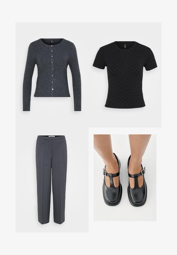 Dunkelgraue Strickjacke mit rundem Halsausschnitt, langen Ärmeln und einem Frontknopfverschluss. Verfügt über silberne Knöpfe und ein figurbetontes Design.; Schwarzes kurzärmliges T-Shirt aus Rippstoff, das auf der Vorderseite verstreute Strassakzente für zusätzliche Details aufweist.; Dunkelgraue, taillierte Hose mit Nadelstreifen, geraden Beinen und hoher Taille, vor einem schlichten hellen Hintergrund präsentiert.; Schwarze Lederschuhe mit T-Riemen-Design, geschlossenem Zehenbereich und silbernen Schnallenakzenten. Glatte Textur mit rundem Zehenbereich und flacher Sohle.