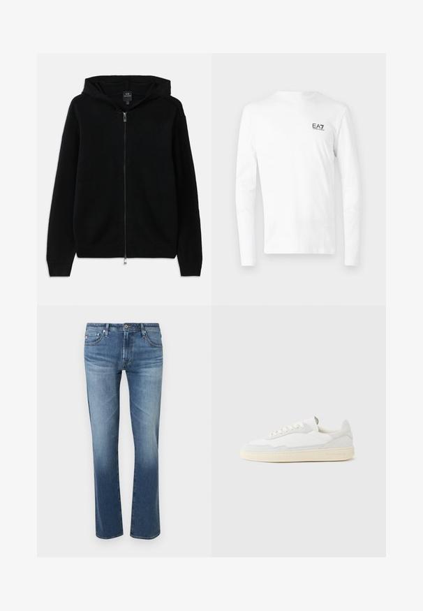 Čierna mikina na zips vyrobená z pleteného materiálu. Má kapucňu, dlhé rukávy a ribbované manžety a lem. Minimalistický dizajn bez vzorov.; Biela dlhá mikina s rukávmi vyrobená z bavlny, s malým čiernym logom EA7 na ľavej strane hrudníka. Jednoduchý dizajn s okrúhlym výstrihom.; Pánske modré vyblednuté rovné džínsy s predným zapínaním na gombíky a zips, so zadnými a prednými vreckami, zobrazené na bielom pozadí.; Biela teniska s jemne štruktúrovaným zvrškom zo semišu a kože. Má zaoblenú špičku, viazanie na šnúrky a kontrastnú béžovú gumovú podrážku.