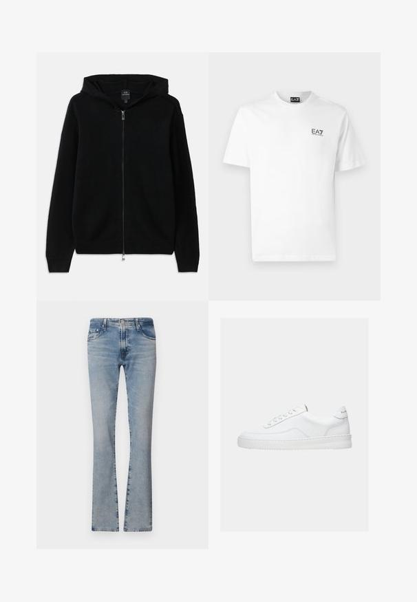 Must kootedud must zip-up kapuutsiga hoodie. Omab kapuutsi, pikki varrukaid ja soonikuga mansette ning hemmi. Minimaalsed disain, ilma mustriteta.; Valge puuvillane T-särk, millel on ümmargune kaelus, lühikesed varrukad ja must EA7 logo vasakul rinnaosas. Sile, ühtlane tekstuur.; Heledad sinine denim flared teksased keskmise kõrgusega talje, viie taskuga ja pleekinud viimistlusega, varustatud tõmbluku ning metallist nööbiga.; Valge madala säärega tossud, millel on paelaga kinnitus, sile nahast pealmine osa ja paks tald, näidatud külgvaates lihtsal taustal.