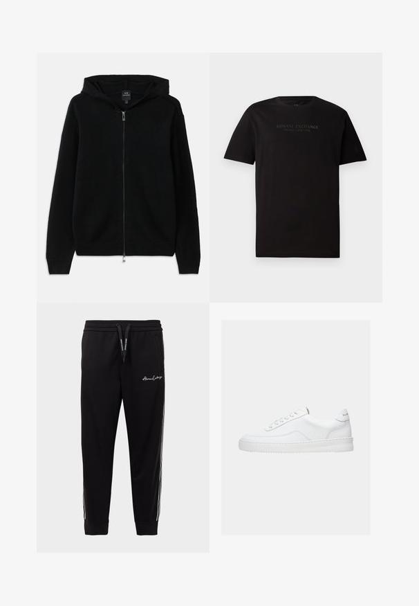 Sudadera negra con cremallera hecha de tejido de punto. Presenta una capucha, mangas largas y puños y dobladillo acanalados. Diseño minimalista sin patrones.; Camiseta de algodón negra con cuello redondo y mangas cortas. En la parte frontal tiene el texto en relieve "ARMANI EXCHANGE MILANO / NEW YORK".; Pantalones deportivos negros de mezcla de algodón, con una cinturilla acanalada, rayas laterales en blanco y bordado del logo en el muslo izquierdo delantero.; Zapatilla deportiva blanca de corte bajo con diseño con cordones, parte superior de cuero liso y suela gruesa, vista de lado sobre un fondo liso.