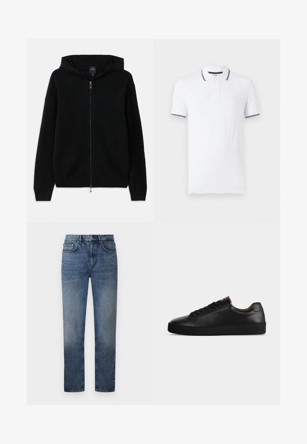 Sudadera negra con cremallera hecha de tejido de punto. Presenta una capucha, mangas largas y puños y dobladillo acanalados. Diseño minimalista sin patrones.; Camisa polo blanca de algodón con una tapeta de dos botones, mangas cortas y rayas negras contrastantes en el cuello y los bordes de las mangas.; Jeans de mezclilla azul con corte recto, cinco bolsillos, cierre de botón metálico y un ligero desgaste en los muslos. Detalles de costura clásica en todo su diseño.; Zapatilla negra de piel de corte bajo con cordones negros, suela de goma texturizada y pequeño logo en relieve en el lateral, mostrada de perfil sobre fondo gris.
