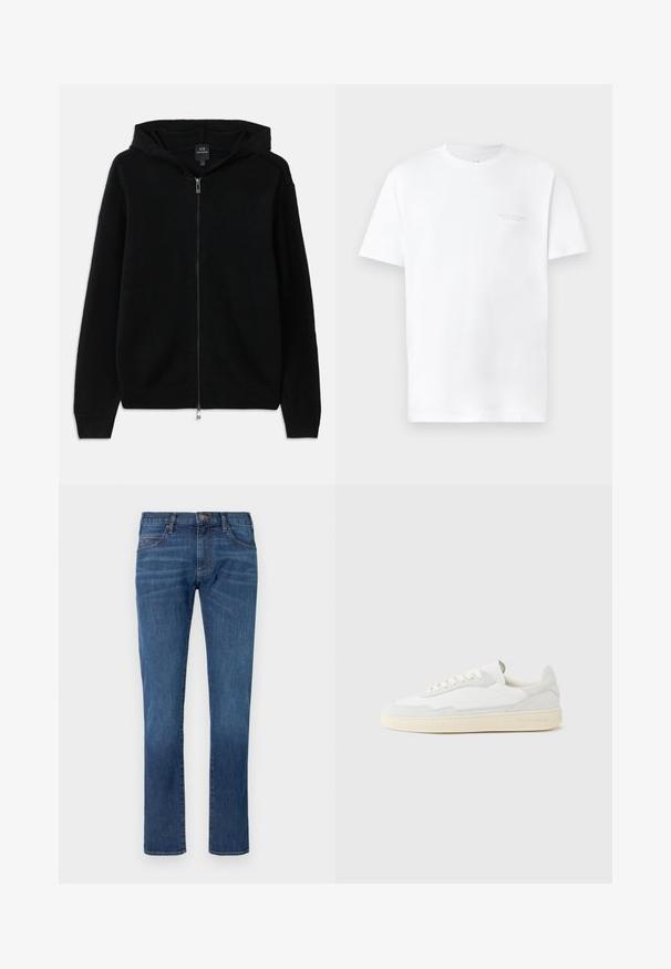 Sort zip-up hættetrøje lavet af strikket stof. Har en hætte, lange ærmer og ribbet manchetter og kant. Minimalistisk design uden mønstre.; Hvid bomulds t-shirt med korte ærmer, rund halsudskæring, der har et diskret gråt logo print på venstre bryst og en glat overflade.; Blå denimjeans med lige ben, der har et klassisk design med fem lommer og knaplukning. Diskret falming over stofteksturområdet.; Hvid sneakers med en øvre del i tekstureret ruskind og læder. Har rundet tå, snørelukning og kontrasterende beige gummisål.