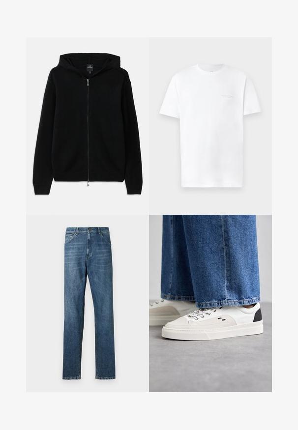 Schwarze Zip-Hoodie aus gestricktem Stoff. Verfügt über eine Kapuze, lange Ärmel und gerippte Bündchen sowie Saum. Minimalistisches Design ohne Muster.; Weißes Baumwoll-T-Shirt mit kurzen Ärmeln, Rundhalsausschnitt, mit subtiler grauer Logodruck auf der linken Brustseite und glatter Textur.; Dunkelblaue Denim-Jeans, gerades Bein-Design, Fünf-Taschen-Stil, sichtbare Nähte und ein klassischer Knopfverschluss. Leichter Waschungseffekt auf dem Stoff.; Weiße und schwarze Sneaker mit einem Obermaterial aus glattem Leder, strukturierten Akzenten und einer massiven weißen Sohle. Verfügt über ein klassisches Schnürdesign.