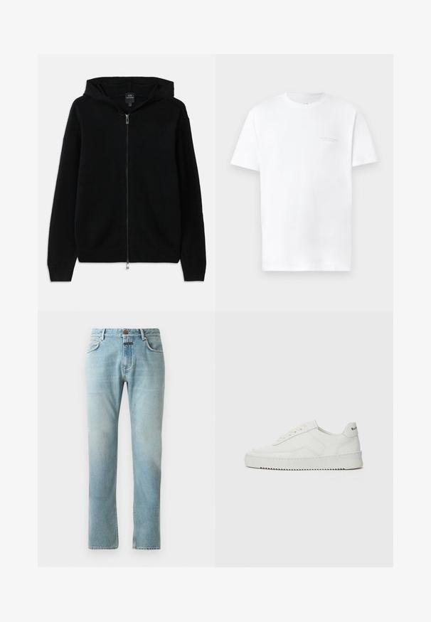 Čierna mikina na zips vyrobená z pleteného materiálu. Má kapucňu, dlhé rukávy a ribbované manžety a lem. Minimalistický dizajn bez vzorov.; Biela bavlnená tričko s krátkymi rukávmi, okrúhlym výstrihom, s jemným sivým logom potlačeným na ľavej strane hrudi a hladkou textúrou.; CLOSED UNITY - Džínsy s rovným strihom - mid blue; Biele kožené tenisky s hladkým povrchom, okrúly špičkový dizajn, ploché šnúrky a textúrovaná podrážka. Obsahujú jemné logo na päte.