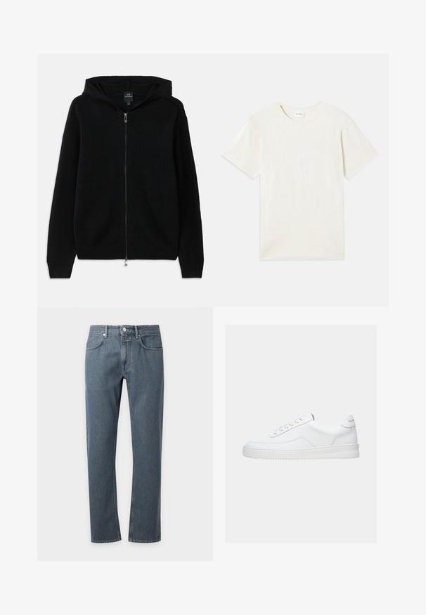 Zwarte rits hoodie gemaakt van gebreide stof. Beschikt over een capuchon, lange mouwen en geribde manchetten en zoom. Minimalistisch ontwerp zonder patronen.; Korte mouwen, ronde hals t-shirt in licht beige, zachte katoenen textuur met een relaxte pasvorm en zonder zichtbare patronen of accenten.; Blauwe rechte jeans met voorzakken, riemlussen en knoopsluiting, getoond op een effen lichte achtergrond.; Witte lage sneaker met vetersluiting, glad leren bovenwerk en dikke zool, gezien vanuit de zijkant tegen een effen achtergrond.