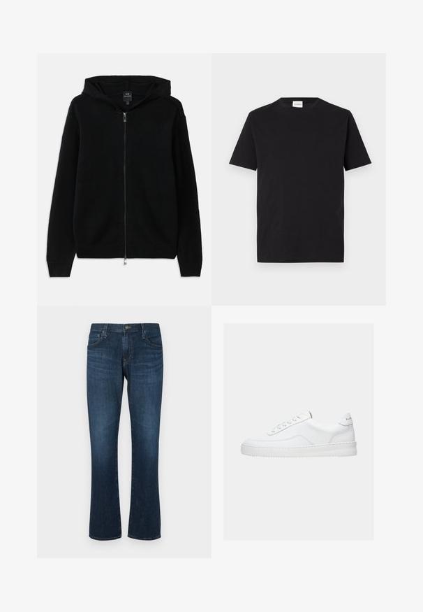 Schwarze Zip-Hoodie aus gestricktem Stoff. Verfügt über eine Kapuze, lange Ärmel und gerippte Bündchen sowie Saum. Minimalistisches Design ohne Muster.; Schwarzes Baumwoll-T-Shirt mit Rundhalsausschnitt und kurzen Ärmeln. Hat einen geraden Schnitt und ein minimalistisches Design, mit einem sichtbaren Etikett am Kragen.; Dunkelblaue Jeans aus Denim mit geradem Bein, fünf Taschen und einem Metallknopfverschluss. Glatte Textur mit dezenten Gebrauchsspuren.; Weißer Sneaker mit niedrigem Schaft, Schnürdesign, glattem Lederobermaterial und dicker Sohle, von der Seite auf einfachem Hintergrund gezeigt.