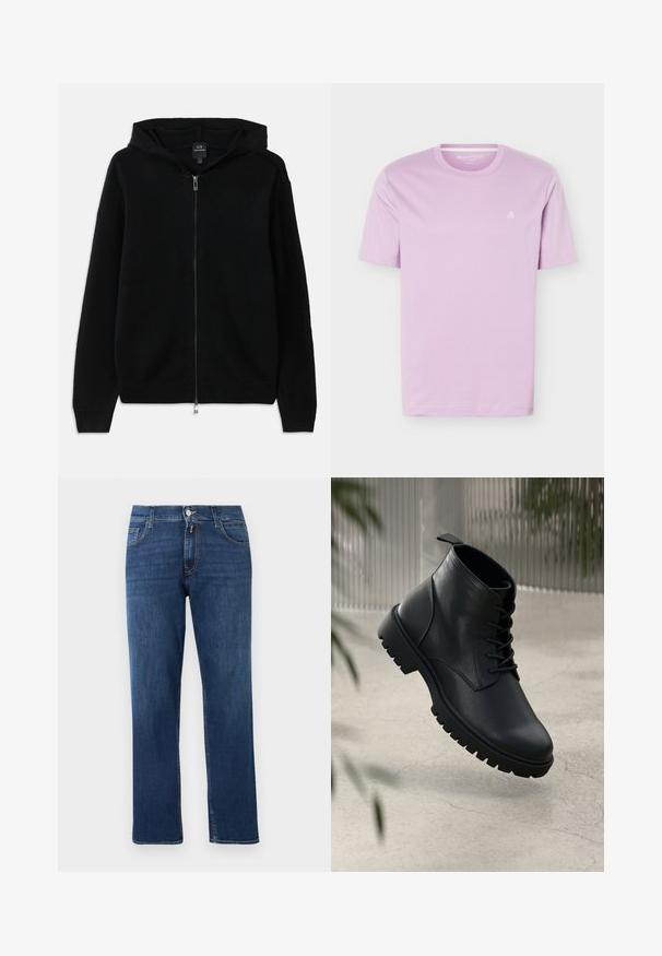 Čierna mikina na zips vyrobená z pleteného materiálu. Má kapucňu, dlhé rukávy a ribbované manžety a lem. Minimalistický dizajn bez vzorov.; Svetlofialové tričko s krátkym rukávom a okrúhlym výstrihom s malým bielym logom "M OP" na ľavej strane hrudníka, zobrazené na bielom pozadí.; Tmavomodré džínsové nohavice s priamym strihom nohavíc, piatimi vreckami, zapínaním na gombík a zips a oranžovým prešívaním. Hladká textúra.; Čierne kožené členkové topánky s okrúhlou špicou, šnurovací dizajn a robustná gumová podrážka. Hladký povrch s pútkom na zadnej strane.
