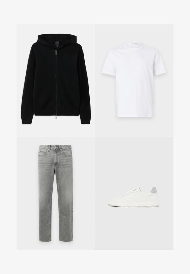 Čierna mikina na zips vyrobená z pleteného materiálu. Má kapucňu, dlhé rukávy a ribbované manžety a lem. Minimalistický dizajn bez vzorov.; Biely bavlnený tričko s okrúhlym výstrihom a krátkymi rukávmi. Hladká textúra, rovný strih a minimalistický dizajn bez vzorov alebo akcentov.; Sivé denimové nohavice so strihom rovného nohavicu, s klasickým dizajnom piatich vreciek a jemným blednutím pre textúru. Štandardné zapínanie na zips.; Biela nízka teniska so sivým pätovým pásikom, bielymi šnúrkami a členitou podrážkou, zobrazená na jednoduchom svetlom pozadí.