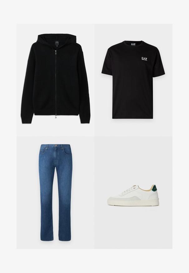 Čierna mikina na zips vyrobená z pleteného materiálu. Má kapucňu, dlhé rukávy a ribbované manžety a lem. Minimalistický dizajn bez vzorov.; Čierne bavlnené tričko s krátkymi rukávmi, okrúhlym výstrihom a malým bielym logom EA7 na ľavej hrudi. Hladká štruktúra, bežný strih.; Tmavomodré džínsy s rovnými nohavicami, piatimi vreckami a predným zapínaním na gombík. Hladká textúra a klasické švy.; Biele tenisky s semišovými akcentmi, zaoblenou špičkou, plochými šnúrkami a krémovou gumovou podrážkou. Na päte sú zelené značky.